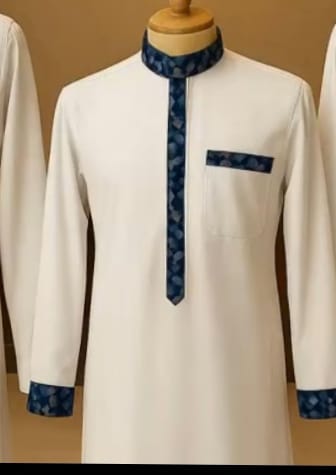 White Kandura with Blue Pattern Detailing