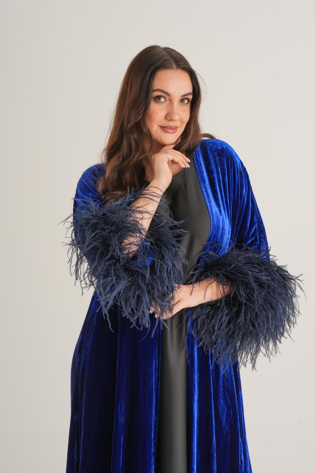 Royal Velvet Feather Abaya – Sapphire Blue
