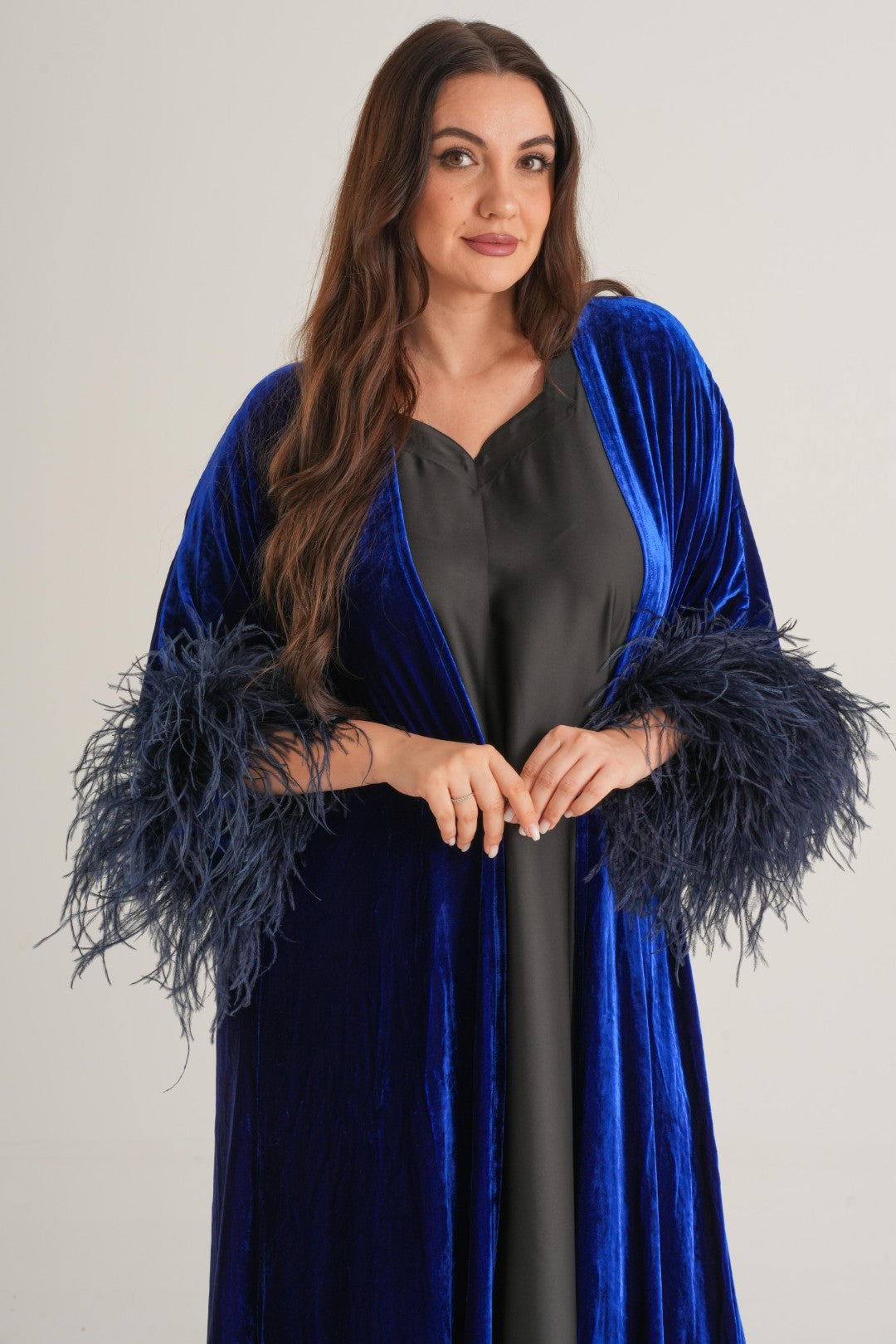 Royal Velvet Feather Abaya – Sapphire Blue