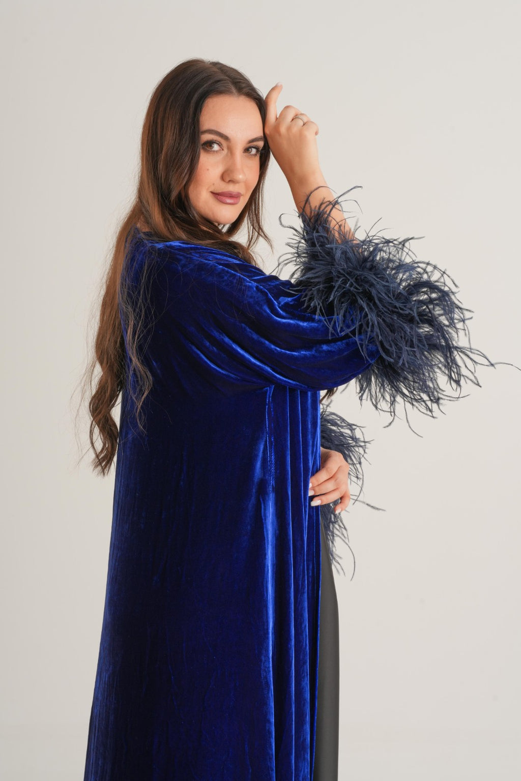 Royal Velvet Feather Abaya – Sapphire Blue