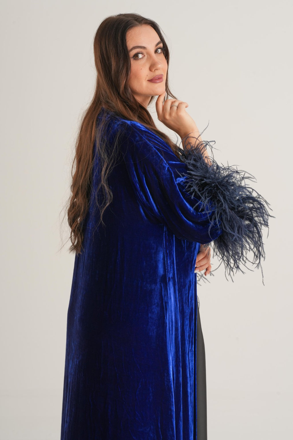 Royal Velvet Feather Abaya – Sapphire Blue