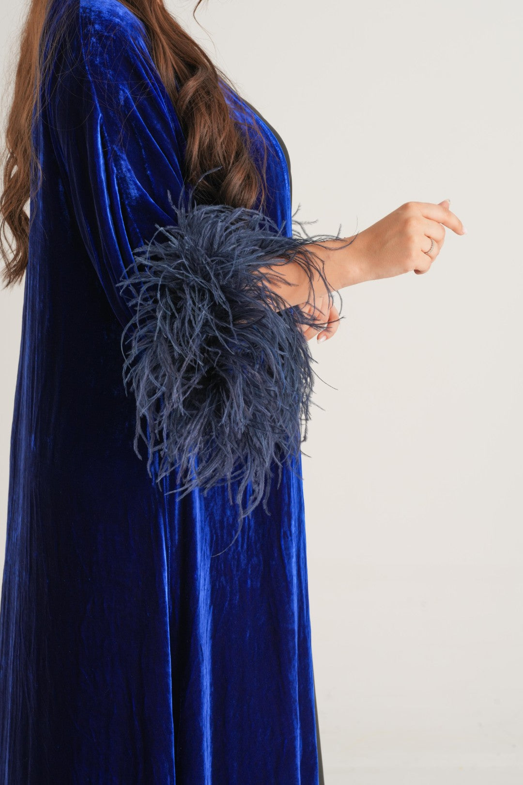 Royal Velvet Feather Abaya – Sapphire Blue