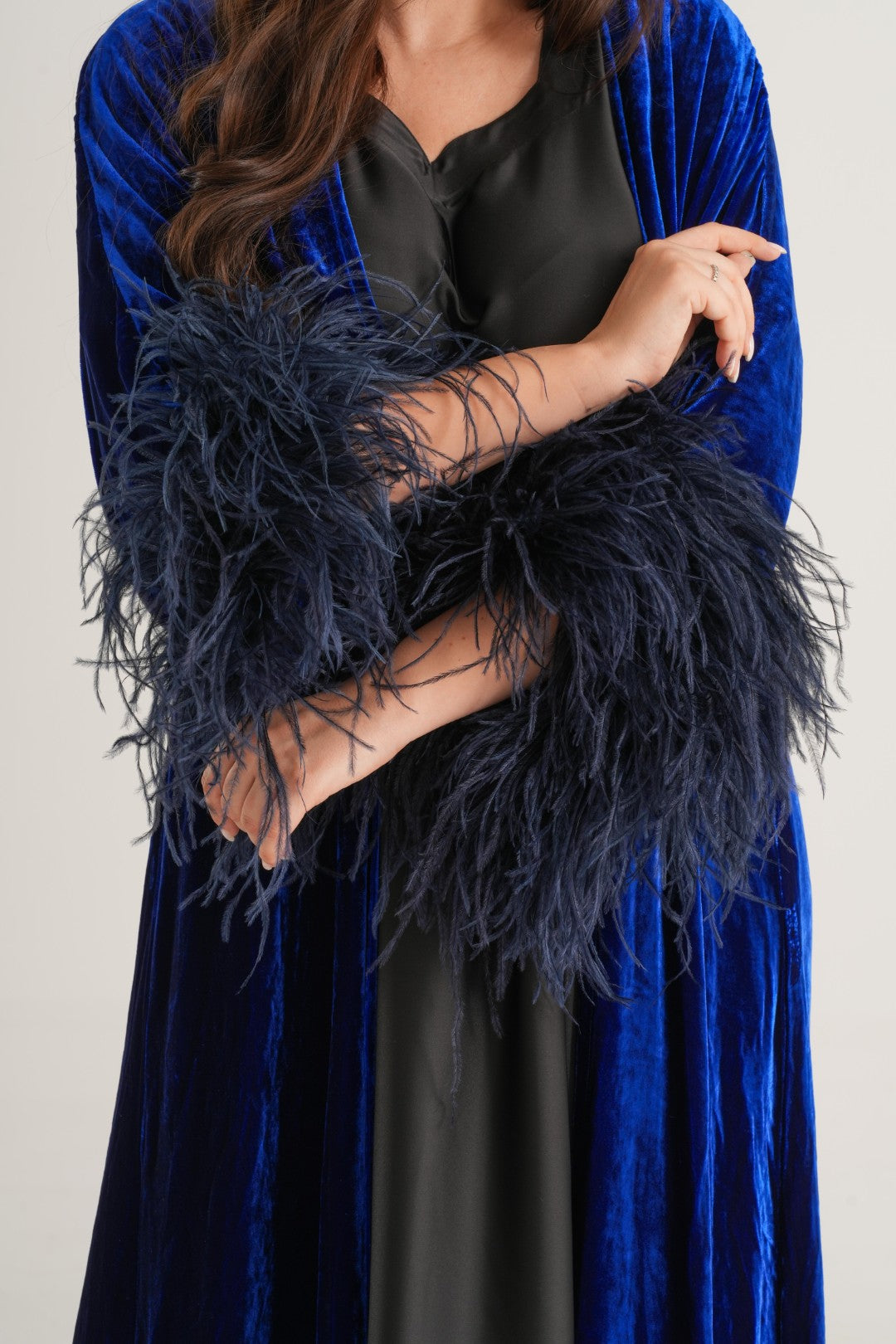 Royal Velvet Feather Abaya – Sapphire Blue