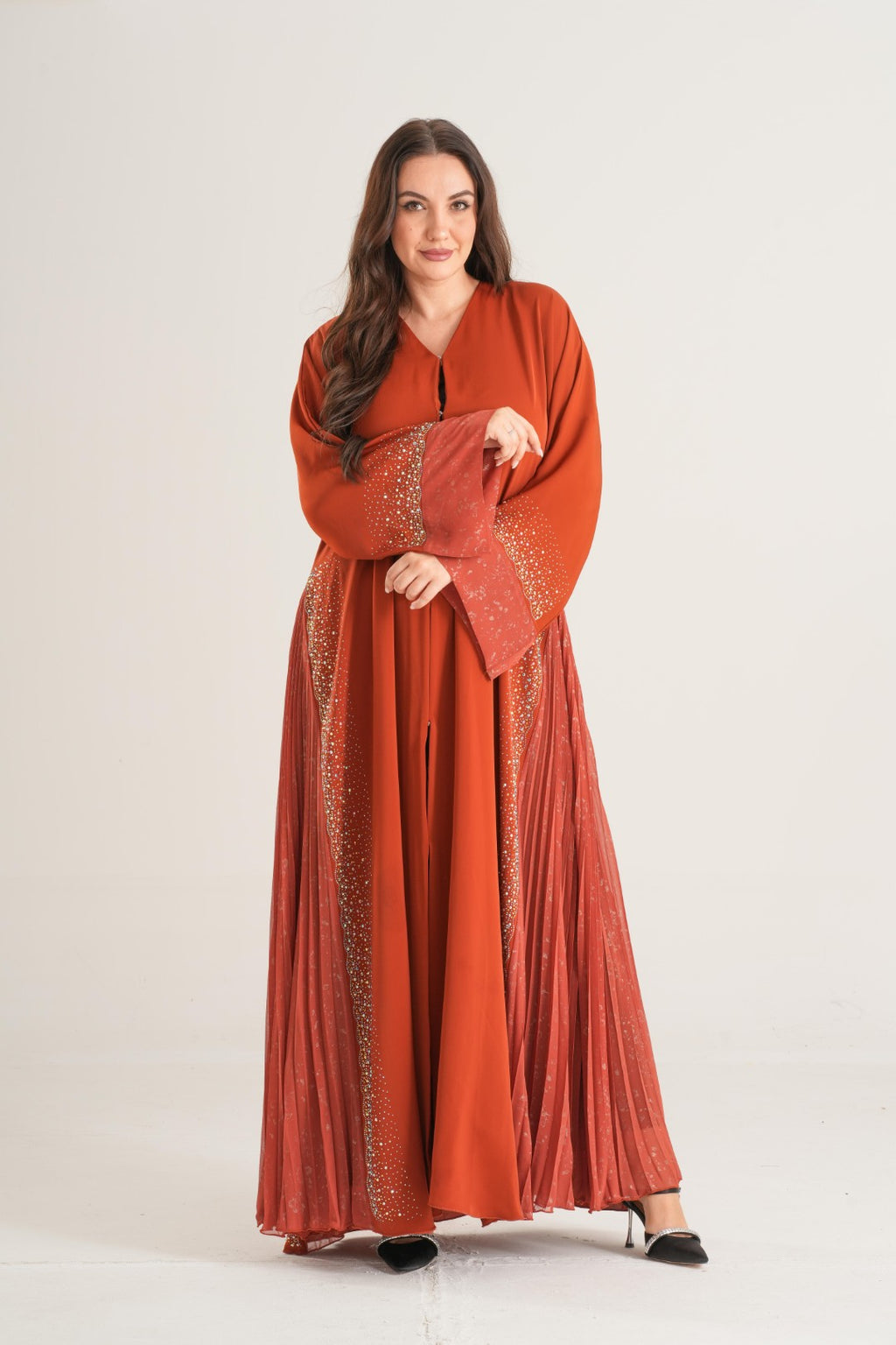 Sunset Glow Pleated Abaya – Rust