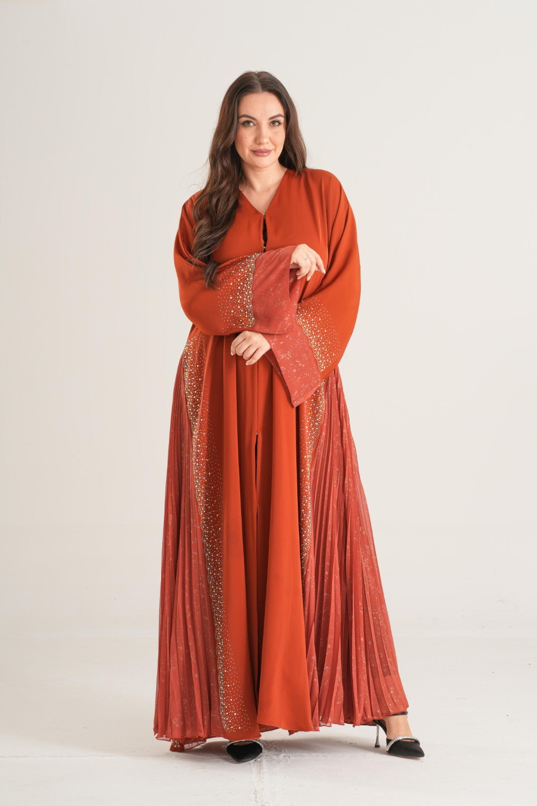 Sunset Glow Pleated Abaya – Rust