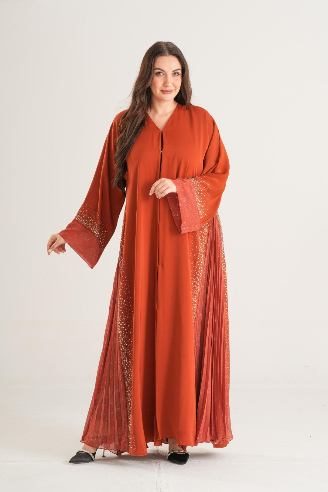 Sunset Glow Pleated Abaya – Rust
