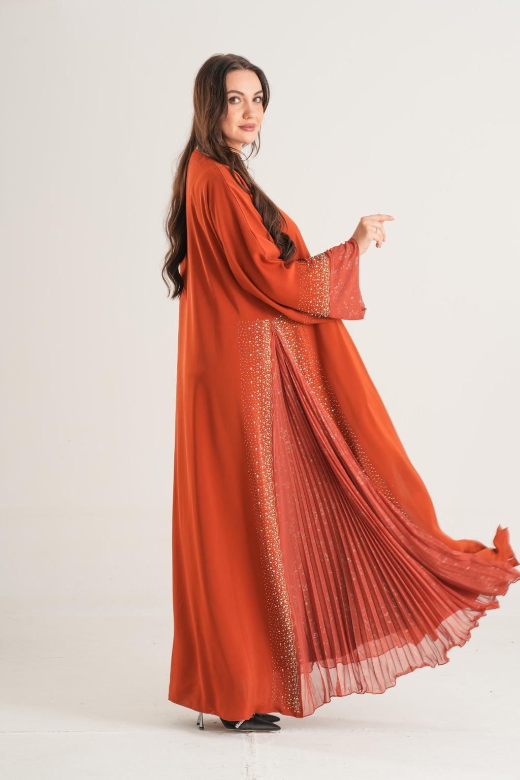 Sunset Glow Pleated Abaya – Rust