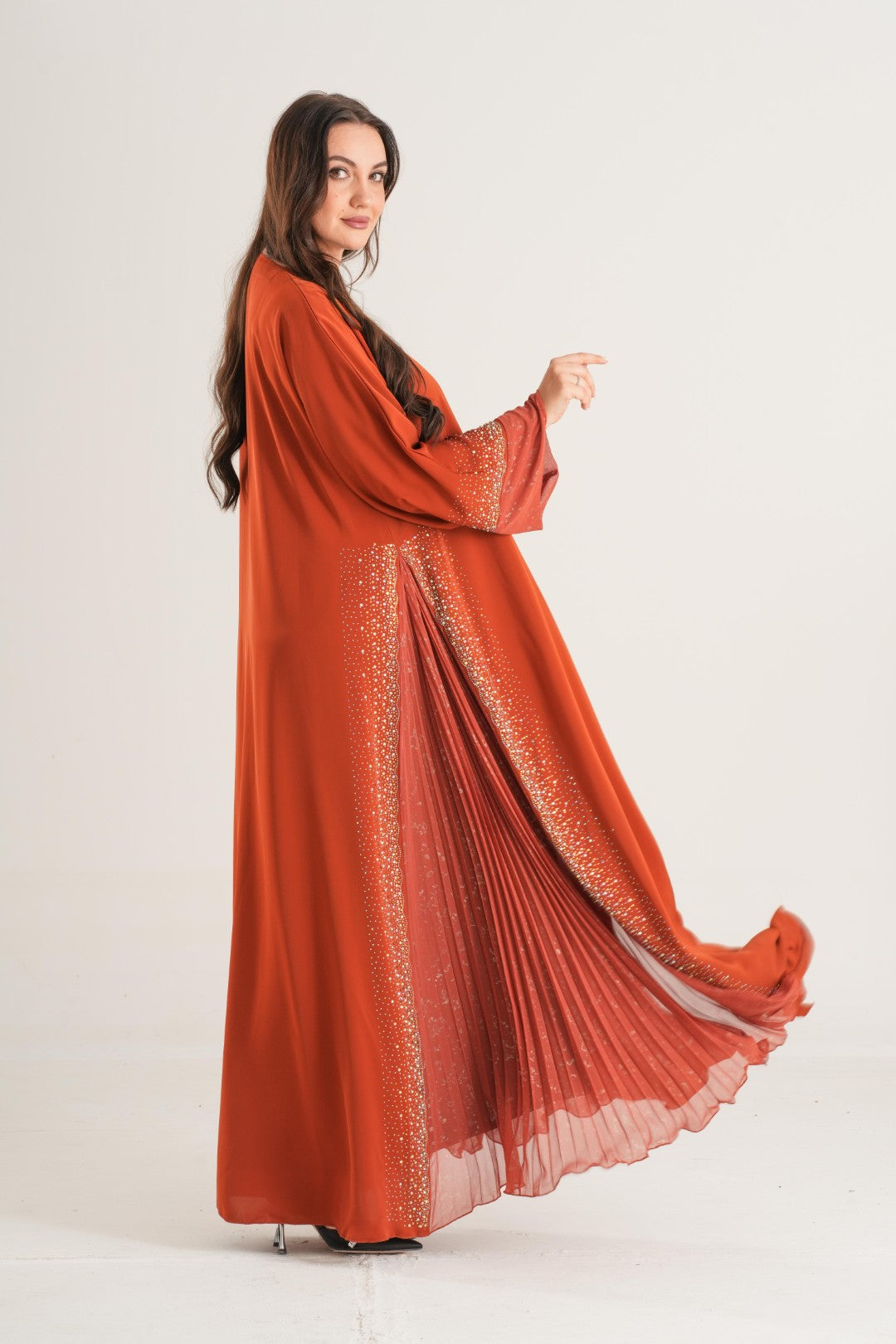 Sunset Glow Pleated Abaya – Rust