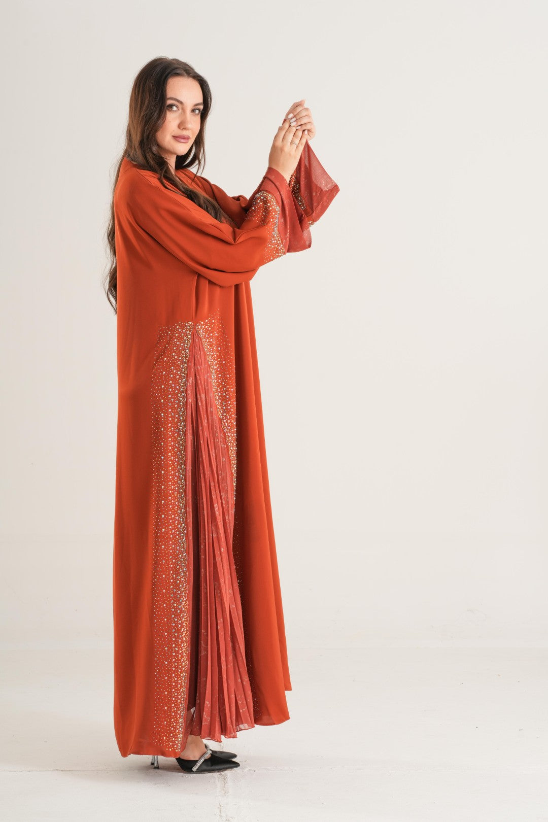 Sunset Glow Pleated Abaya – Rust