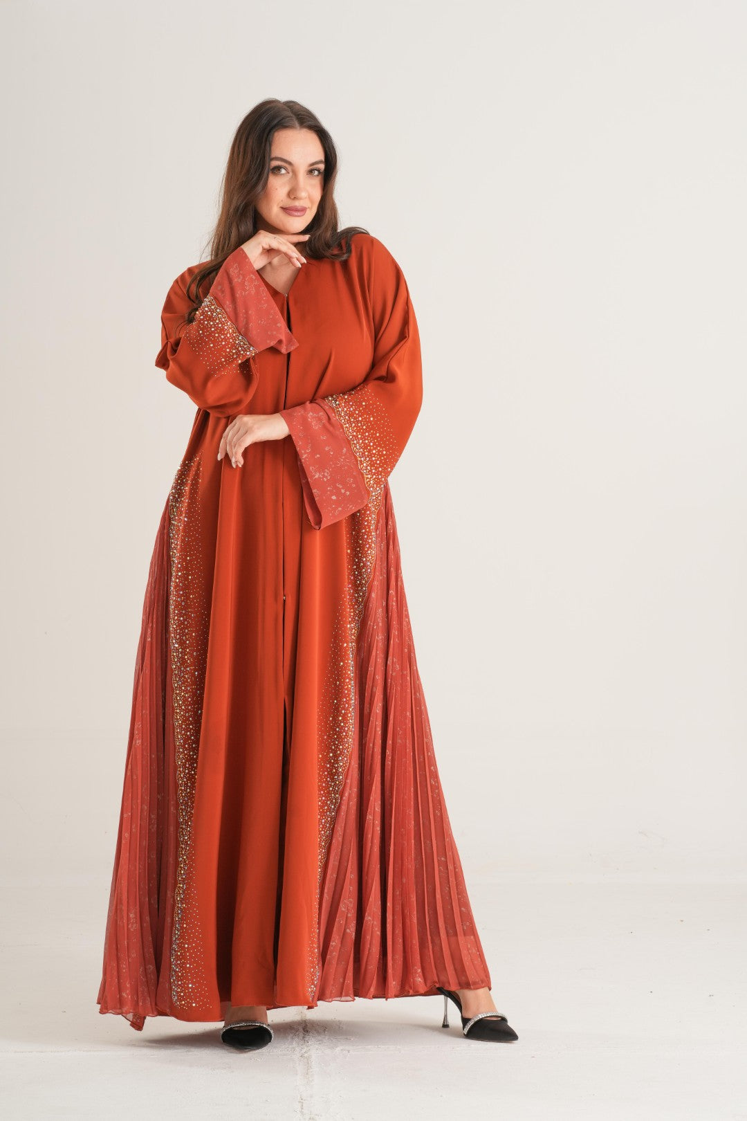 Sunset Glow Pleated Abaya – Rust