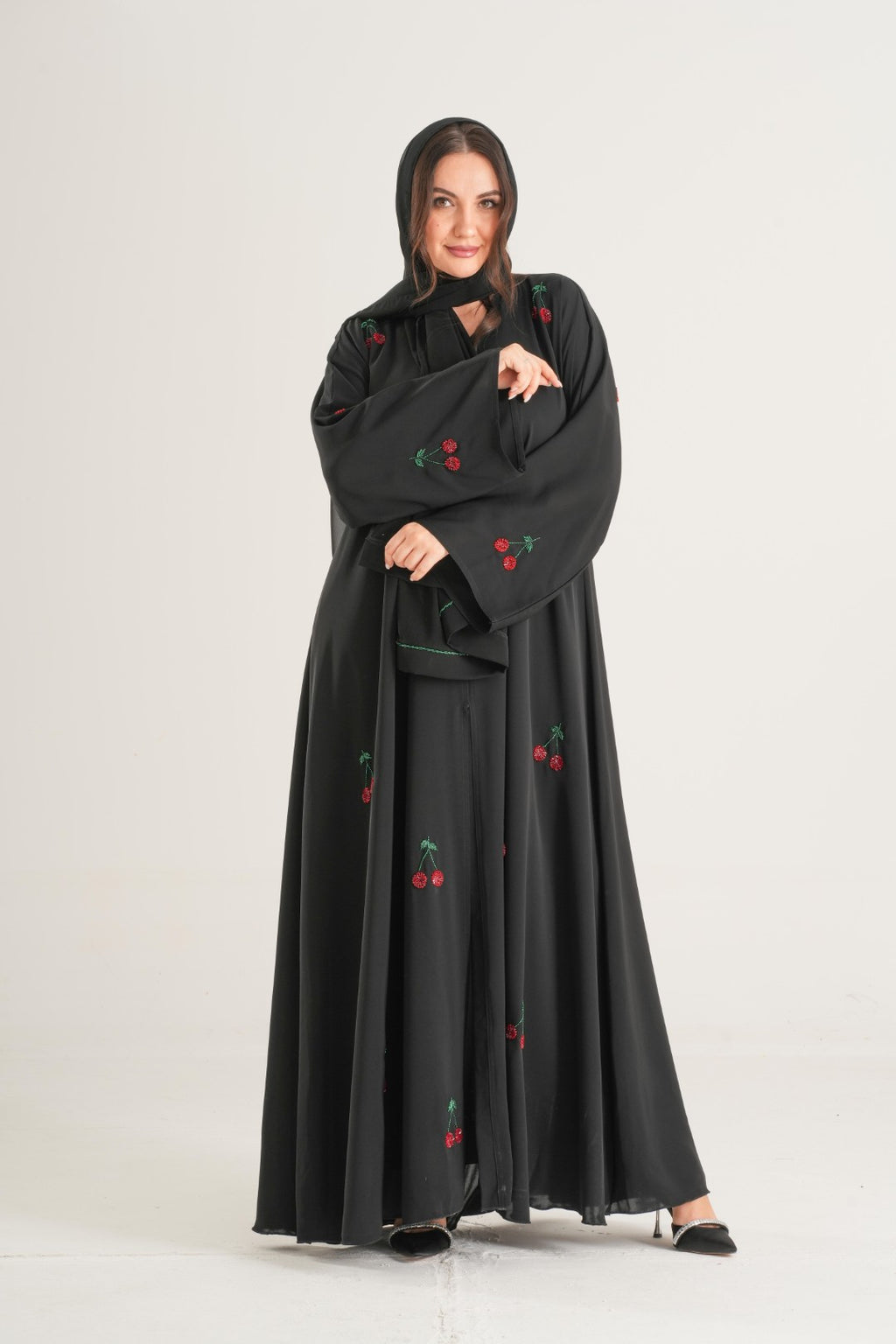 Cherry Blossom Embroidered Abaya – Black