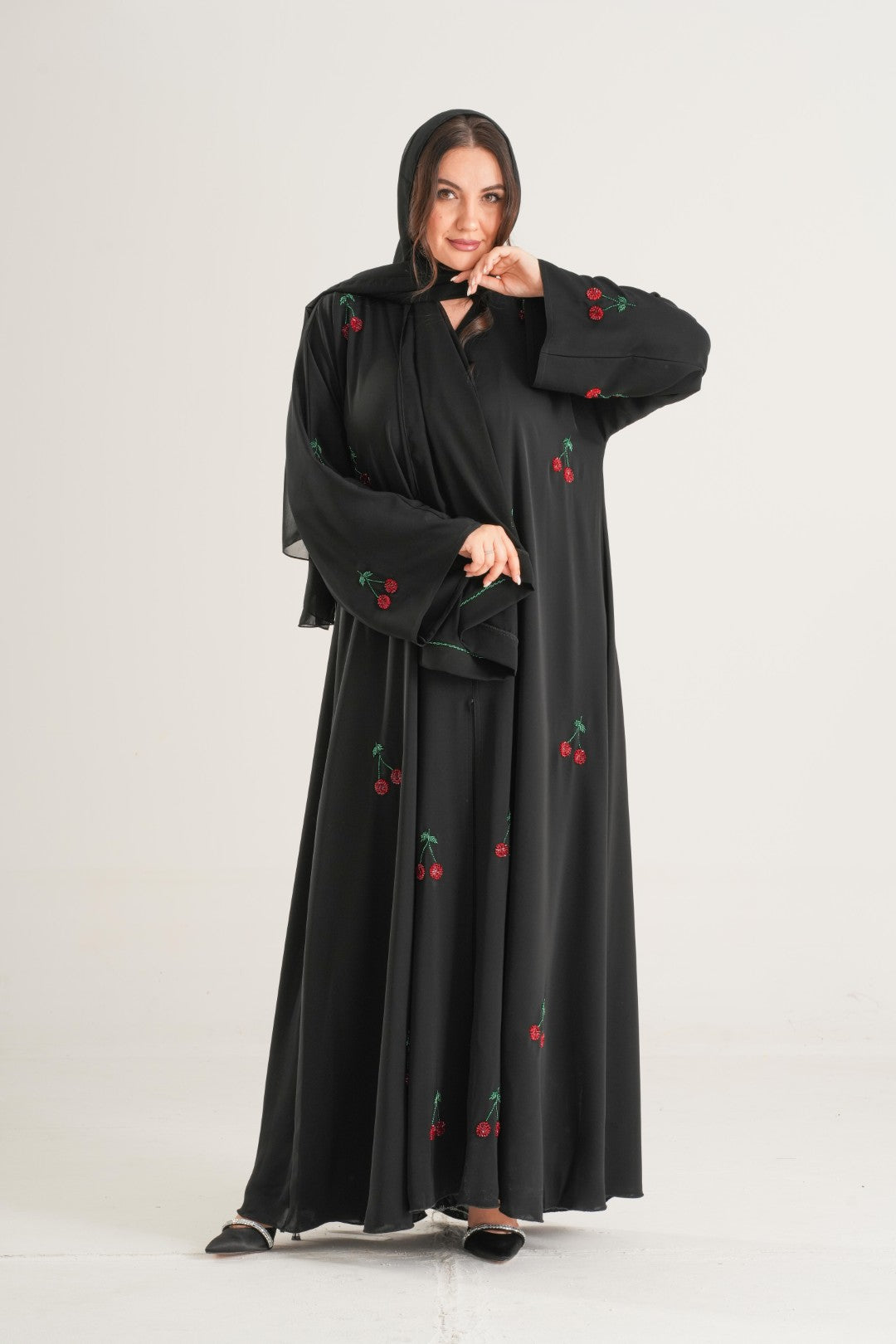 Cherry Blossom Embroidered Abaya – Black