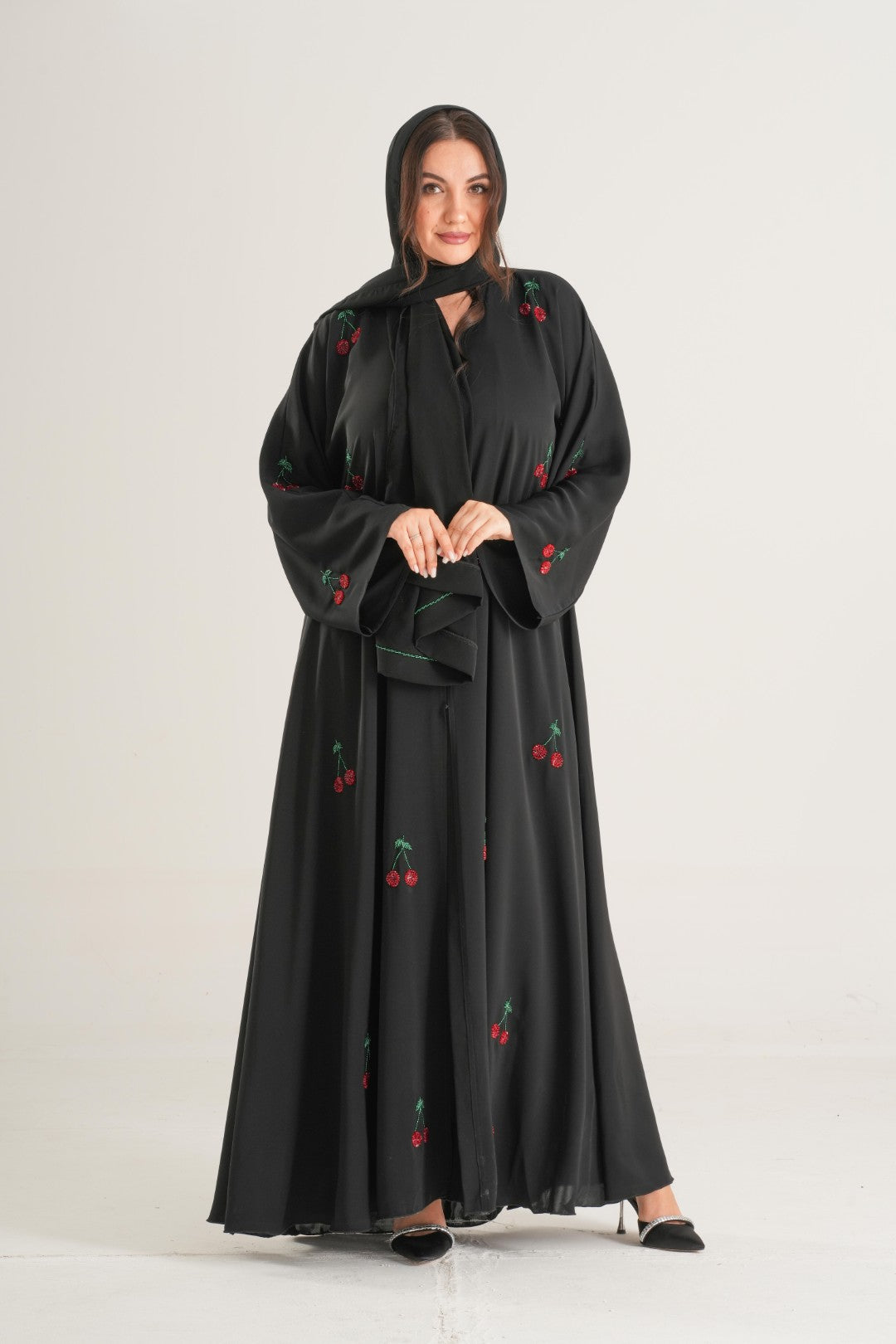 Cherry Blossom Embroidered Abaya – Black