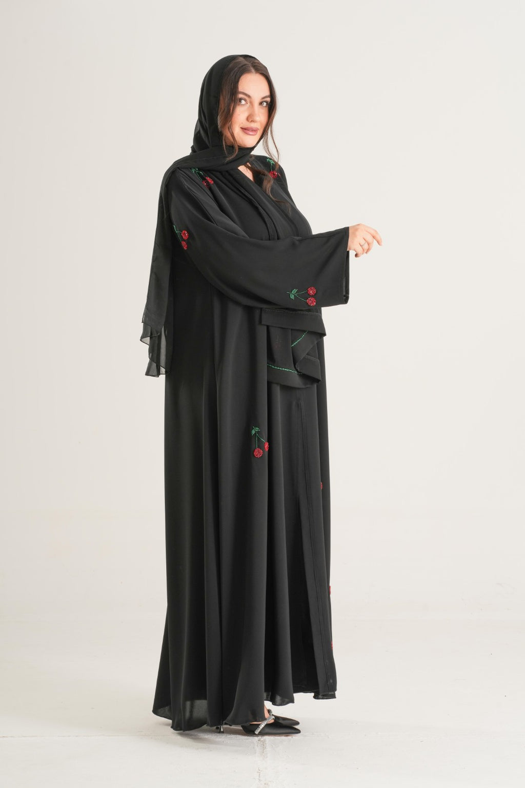 Cherry Blossom Embroidered Abaya – Black