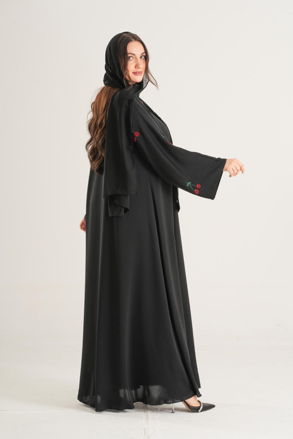 Cherry Blossom Embroidered Abaya – Black