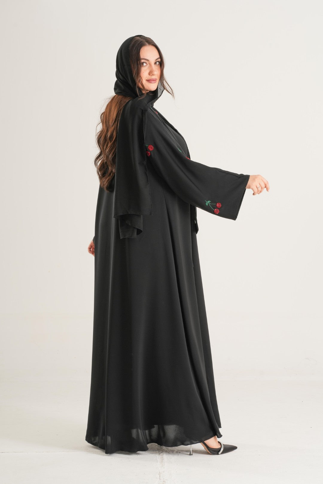 Cherry Blossom Embroidered Abaya – Black