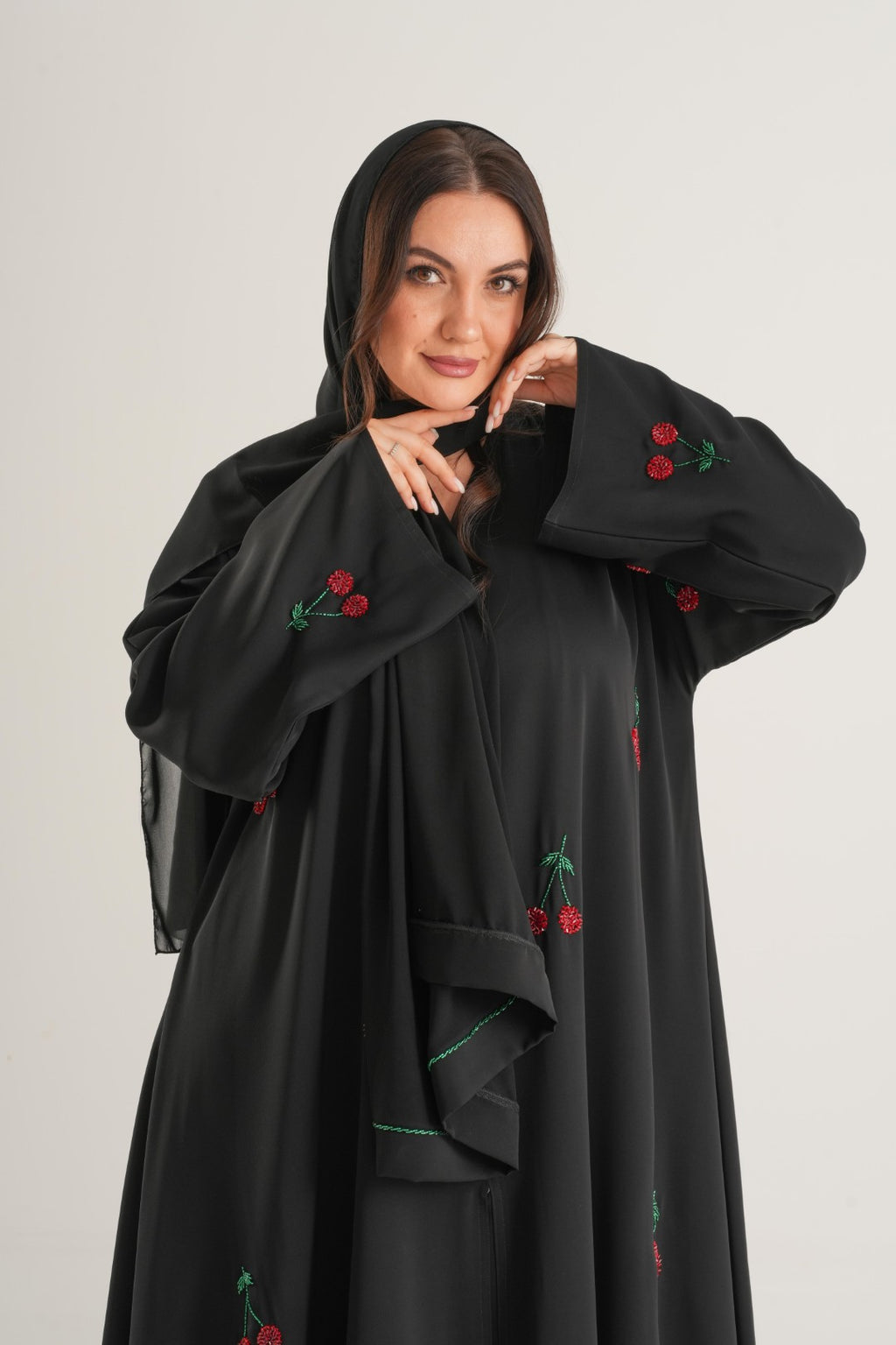 Cherry Blossom Embroidered Abaya – Black