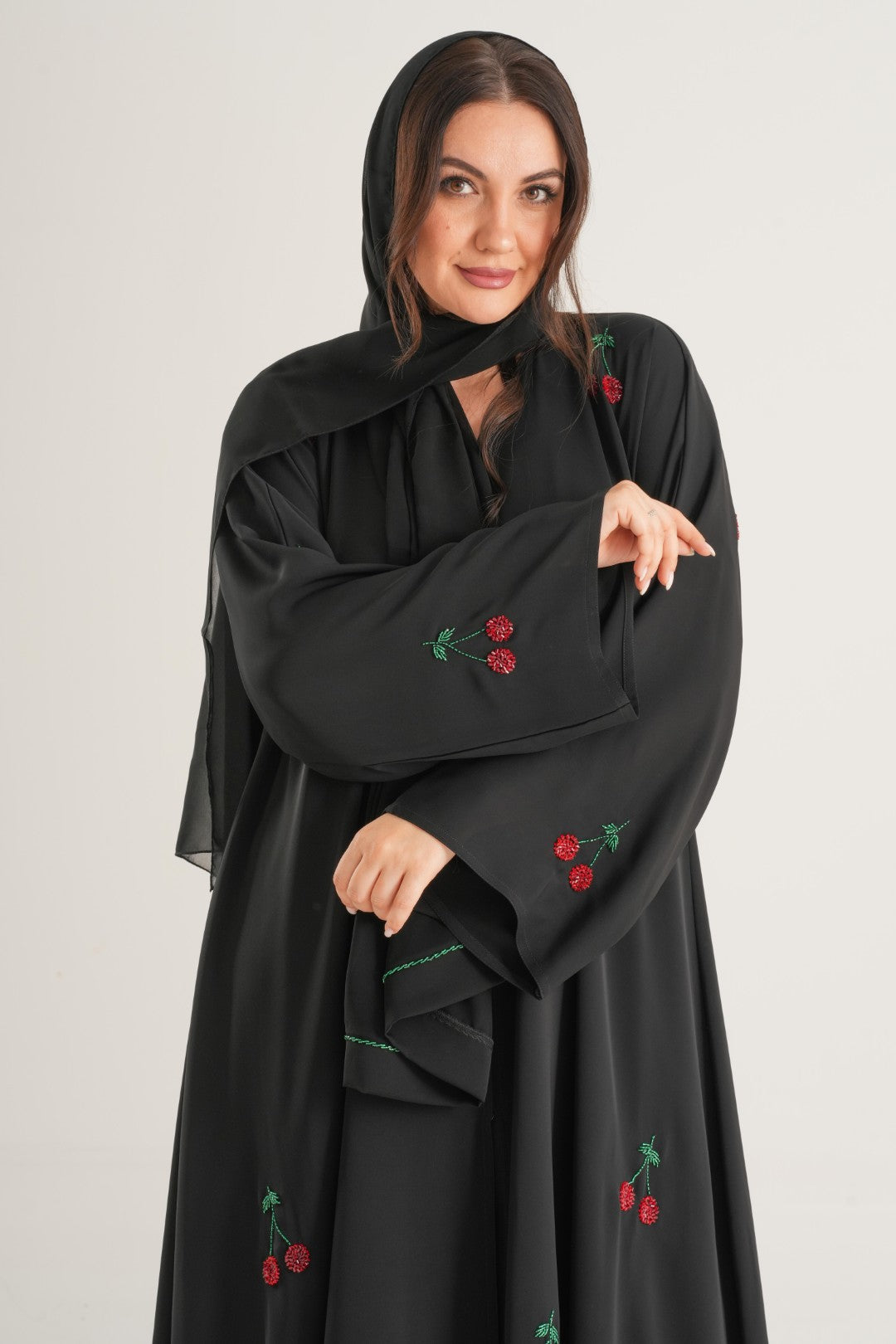 Cherry Blossom Embroidered Abaya – Black