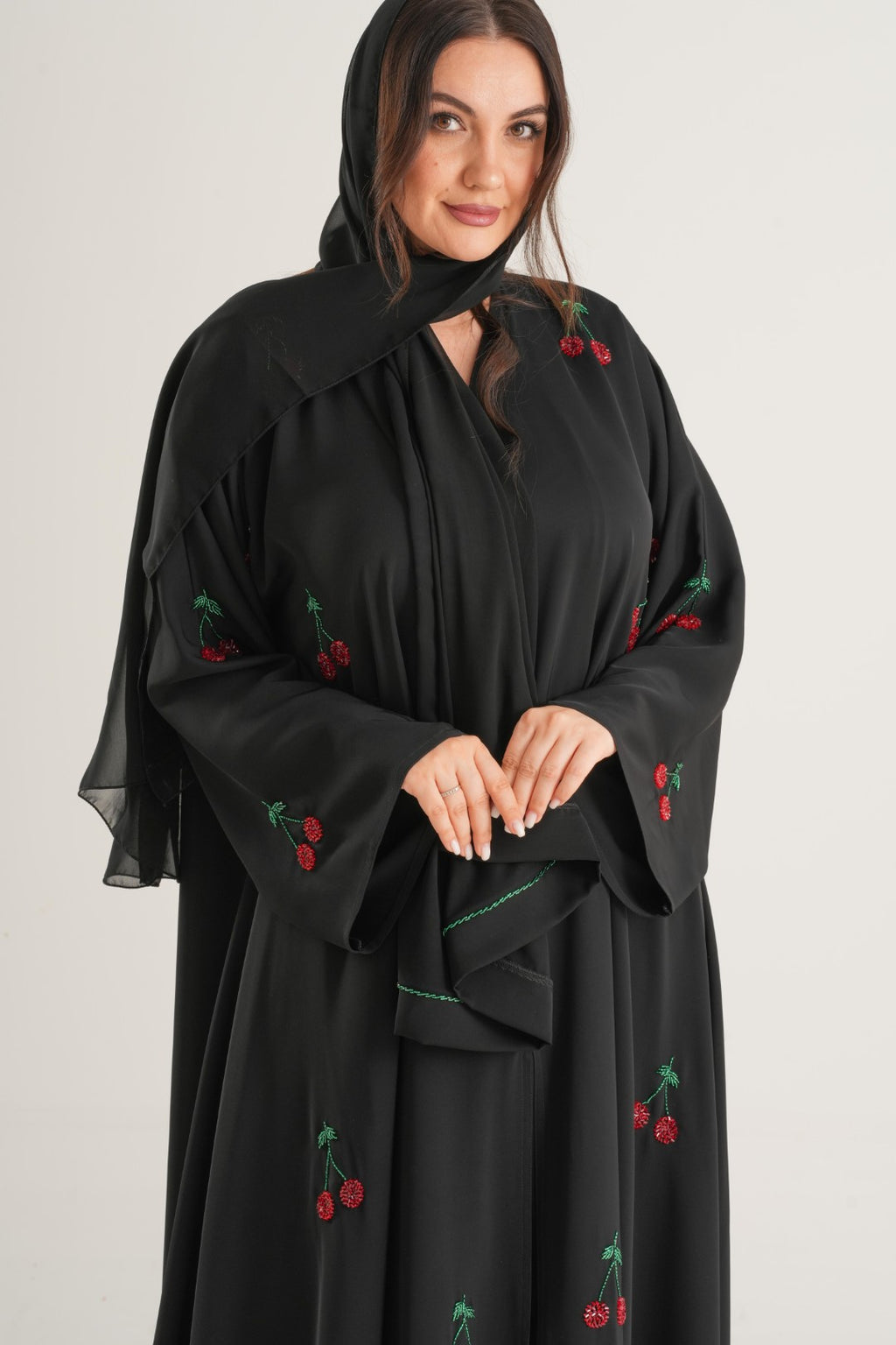 Cherry Blossom Embroidered Abaya – Black