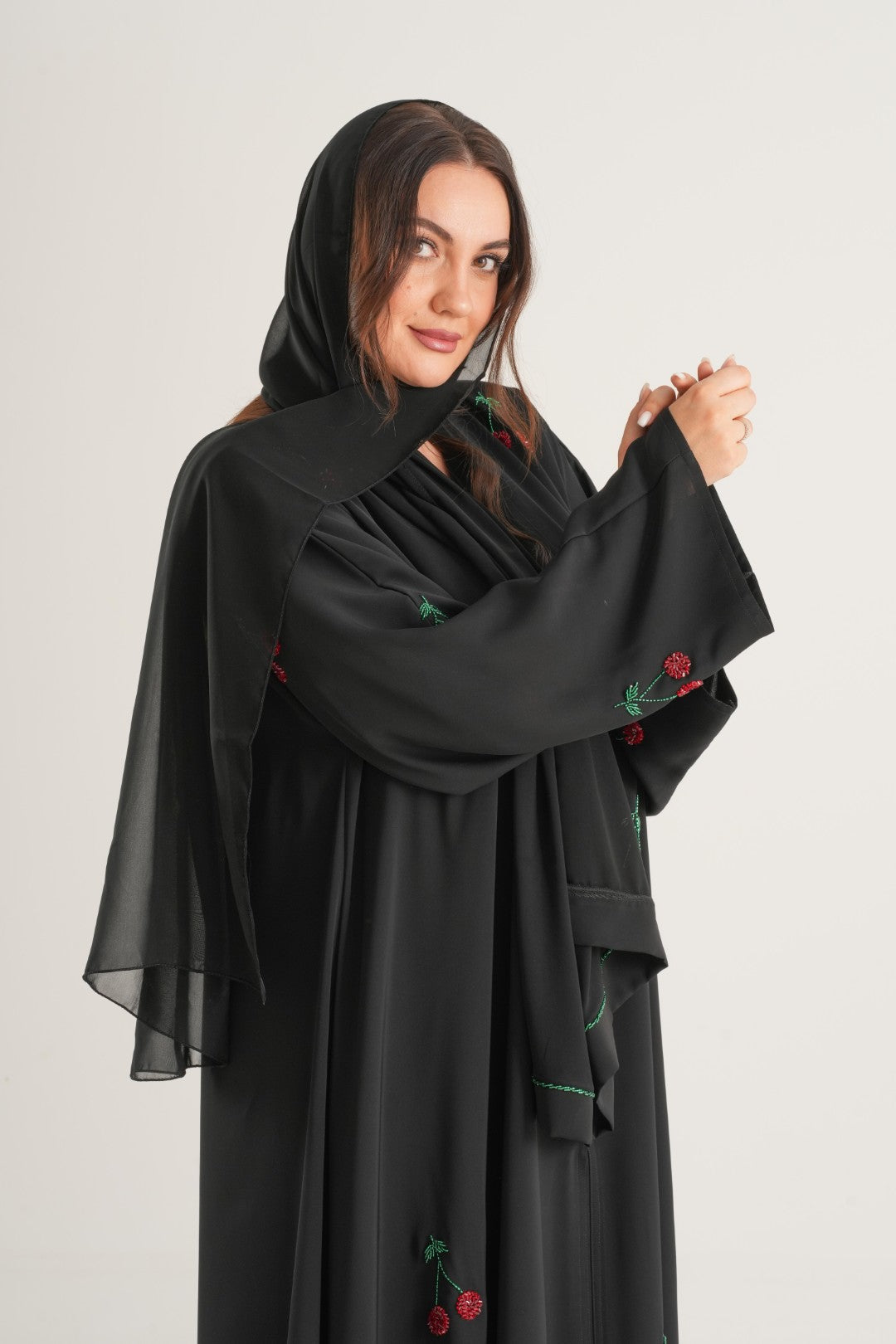 Cherry Blossom Embroidered Abaya – Black
