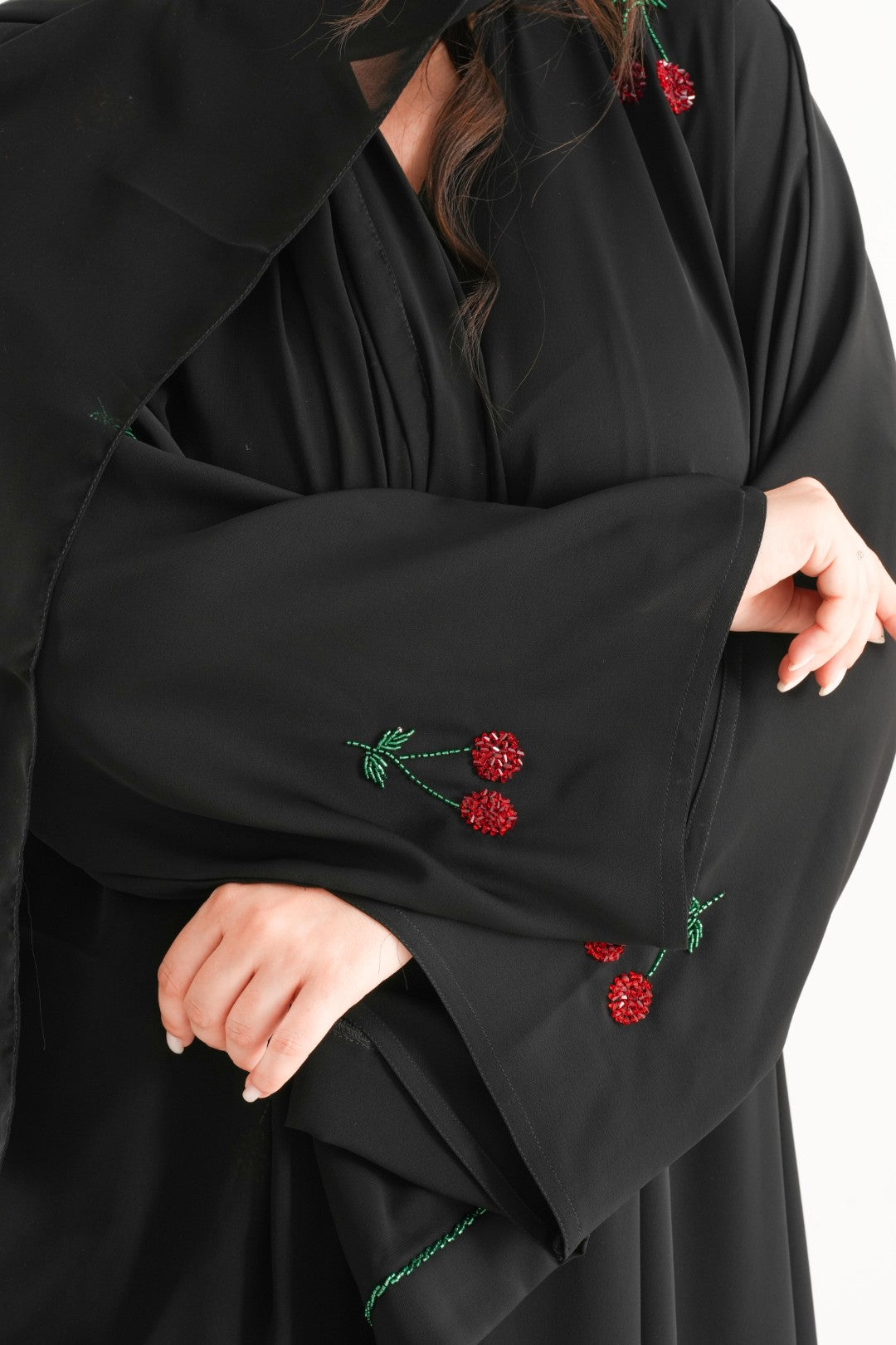 Cherry Blossom Embroidered Abaya – Black