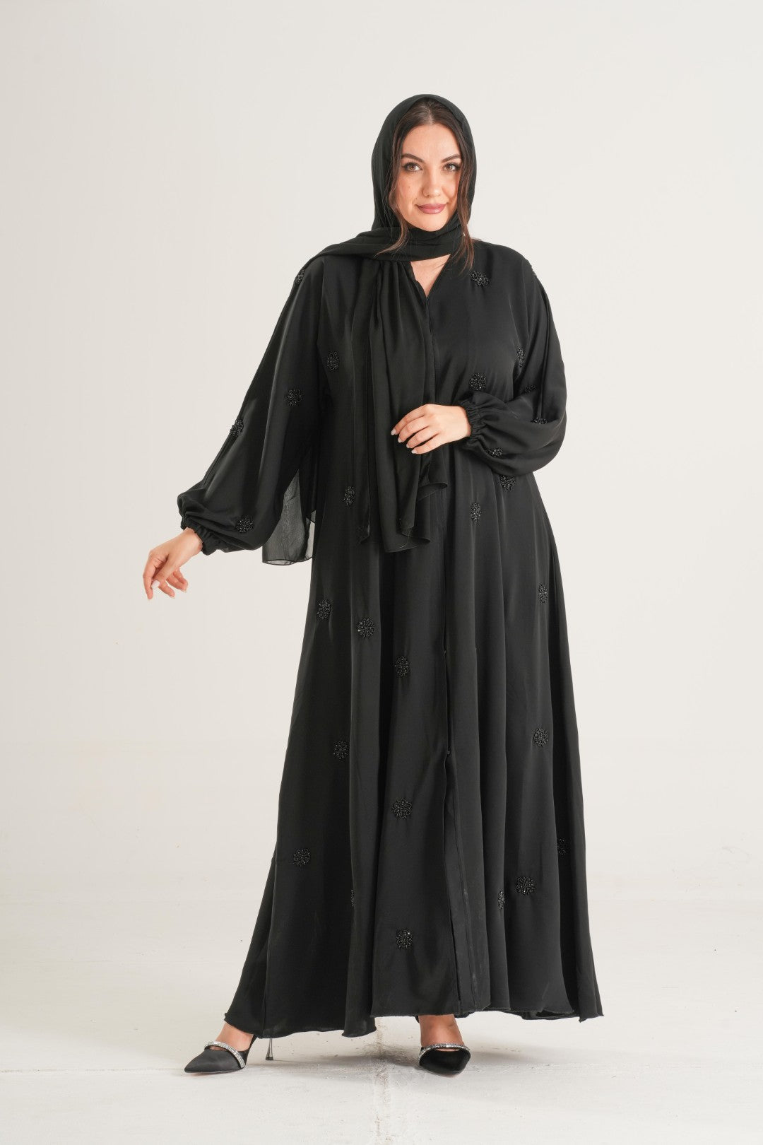 Midnight Bloom Embellished Abaya – Black