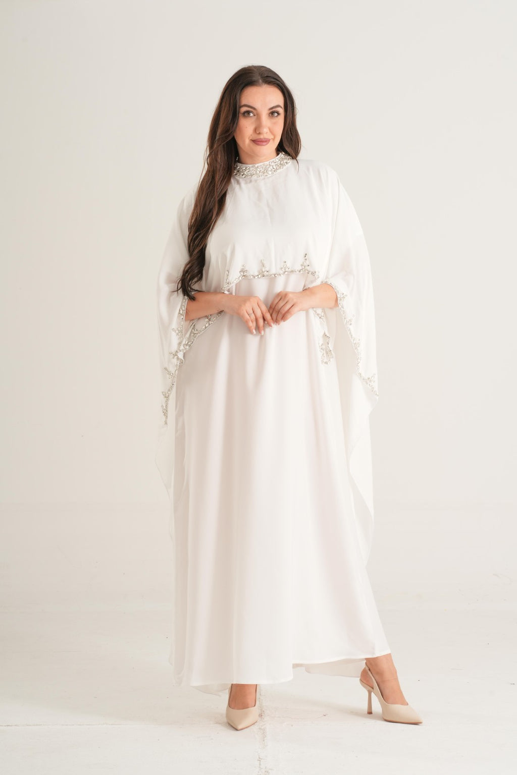 Crystal Pearl Embellished Abaya – Ivory White