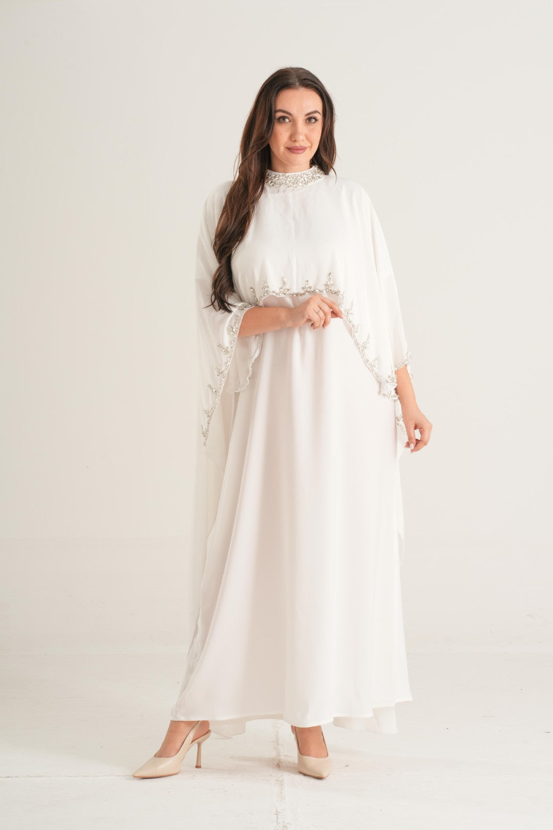 Crystal Pearl Embellished Abaya – Ivory White