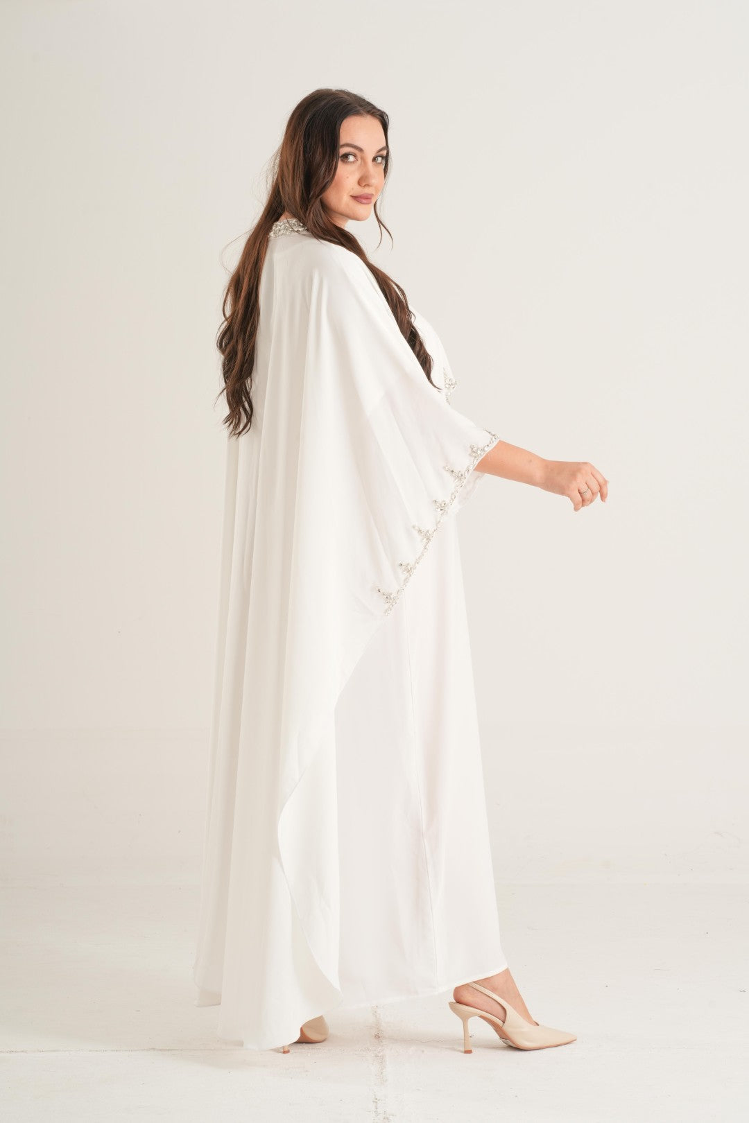 Crystal Pearl Embellished Abaya – Ivory White