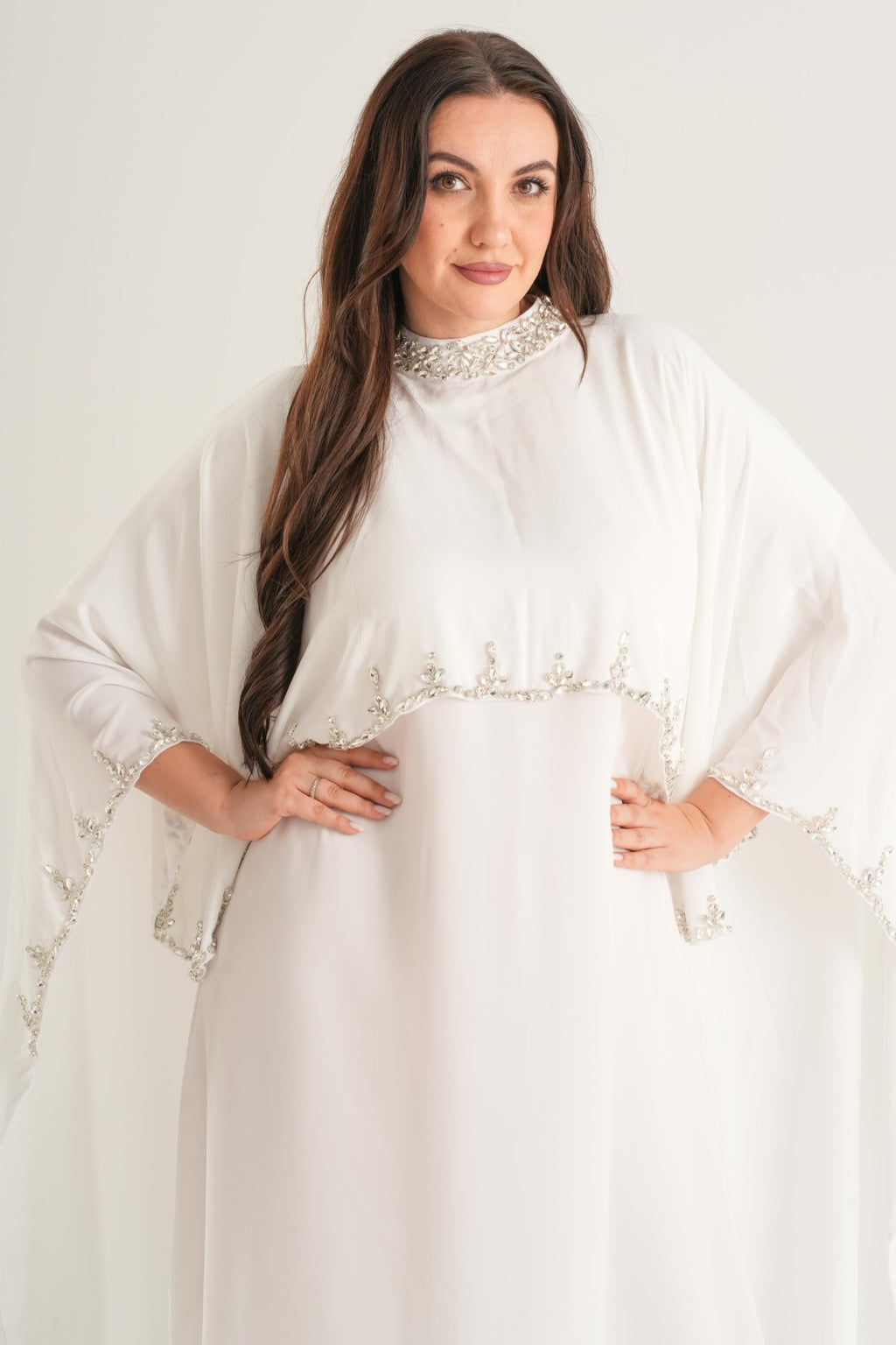 Crystal Pearl Embellished Abaya – Ivory White