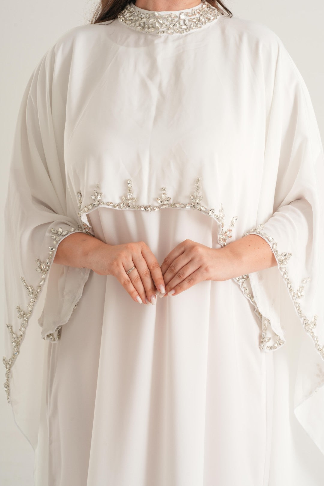 Crystal Pearl Embellished Abaya – Ivory White