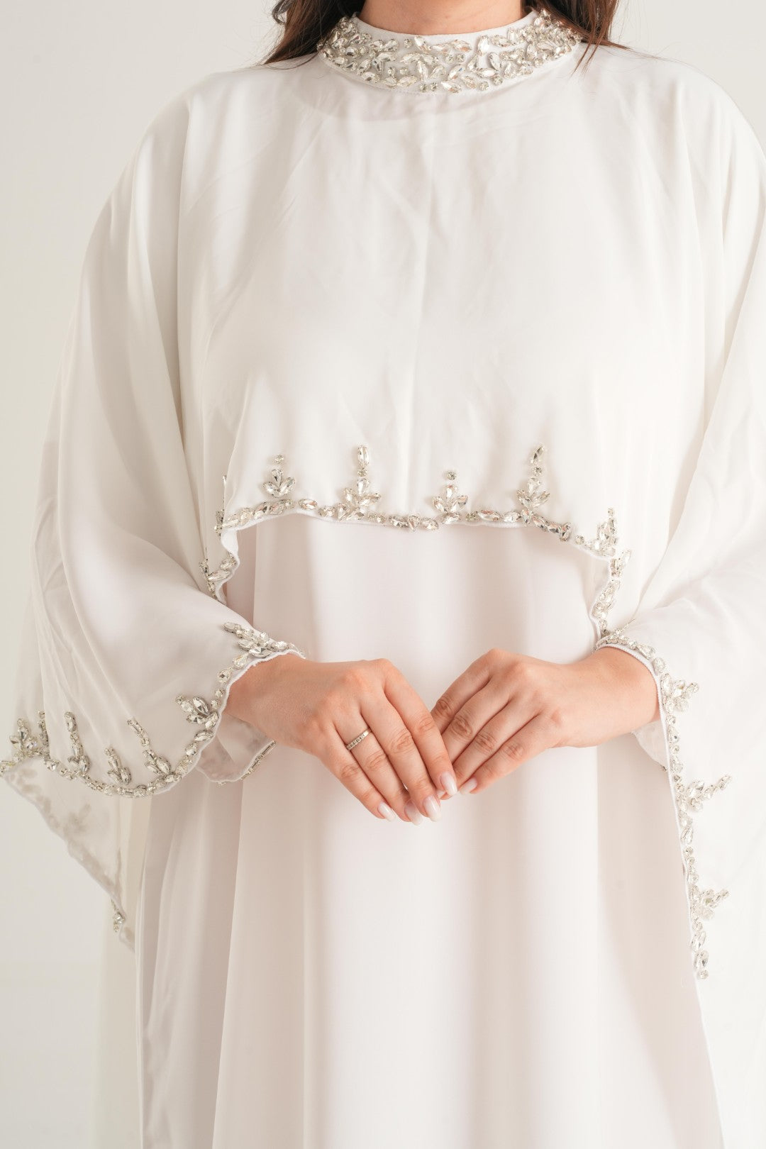Crystal Pearl Embellished Abaya – Ivory White